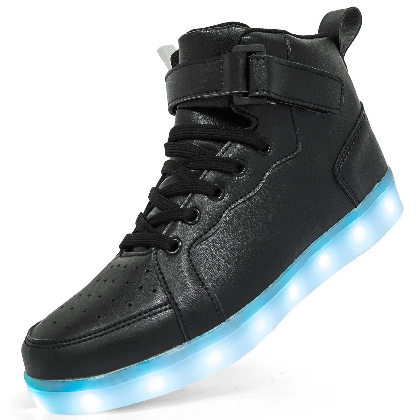 LED high-top board shoes with lights, Velcro fastening, in black gold or white colours