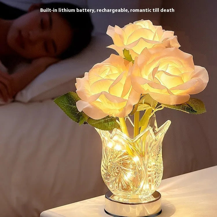 Modern crystal flowers rechargeable table lamp with touch dimming control on a wooden surface.