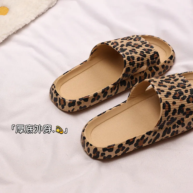 Women's leopard print EVA slippers with thick sole, shown in multiple colour variants.