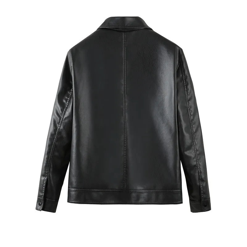 Black men's casual loose fit PU leather jacket with zippered pockets
