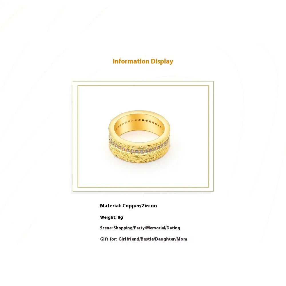 Gold geometric zircon ring for women in sizes 6, 7, and 8 with electroplated copper construction