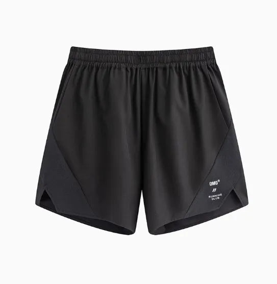 Mysterious Black four-point stretch running shorts with laser punch stitching laid flat.