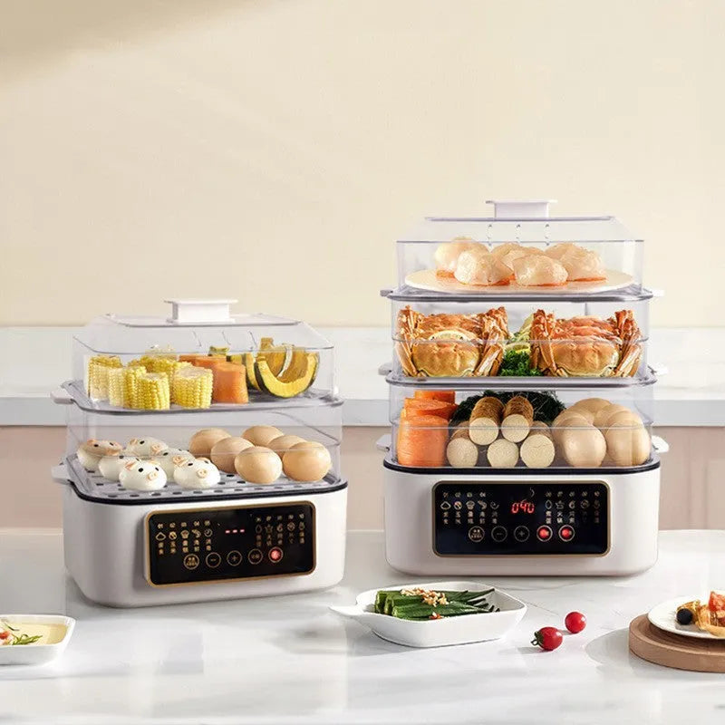 Stainless steel household electric steamer appliance with visible steaming rack and control panel.