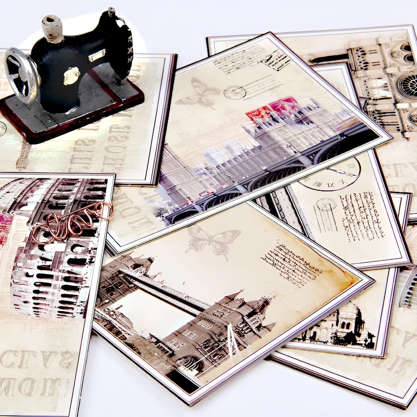 Set of nine retro cartoon style postcards with Paris tower and historic landmark illustrations