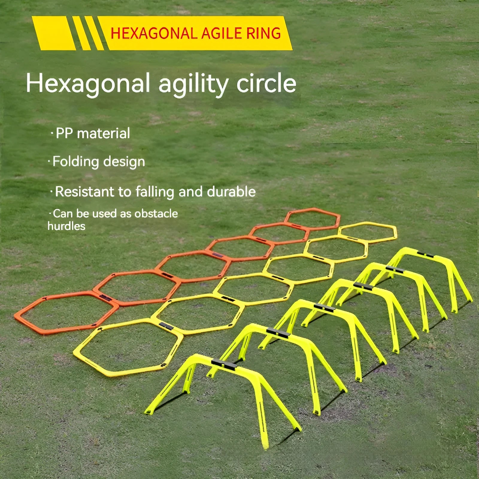 Set of six foldable hexagon football agility training rings in yellow, green, and orange colours