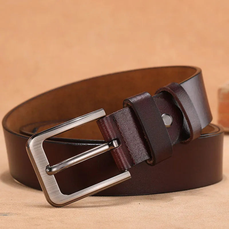 Square head pin buckle jeans belt in black or brown with alloy buckle and adjustable length