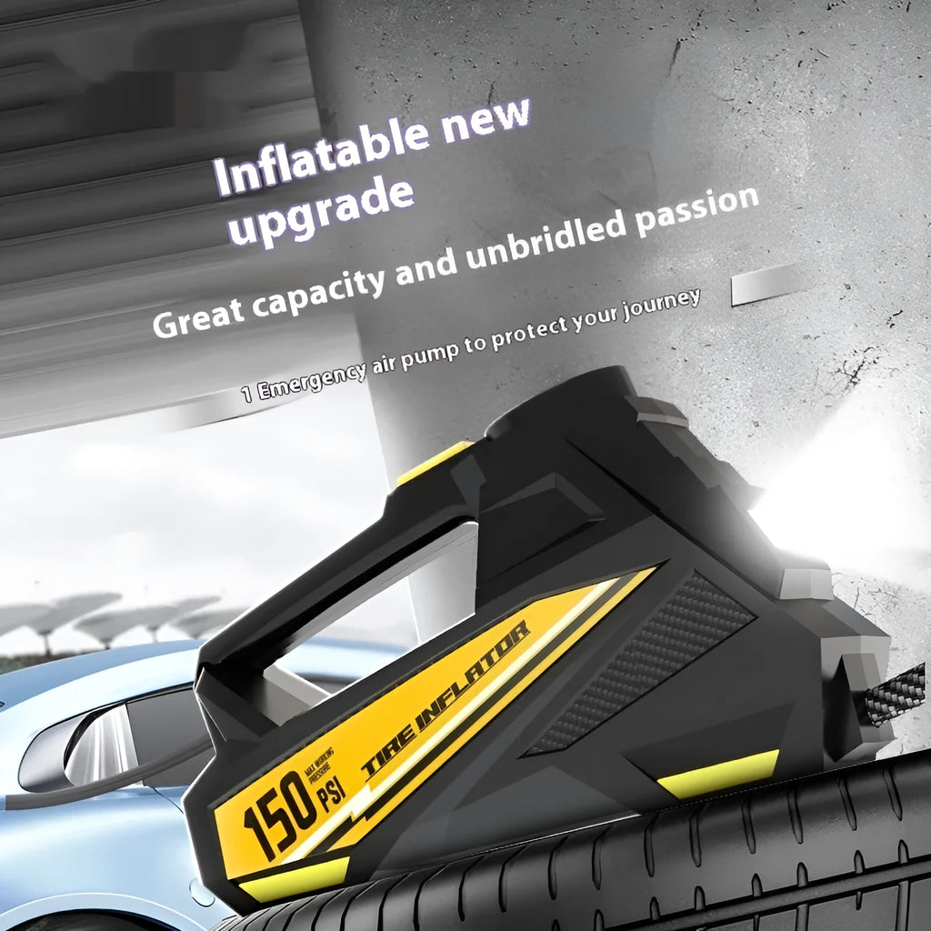 Black vehicle-mounted tyre inflator with digital display showing pressure readings