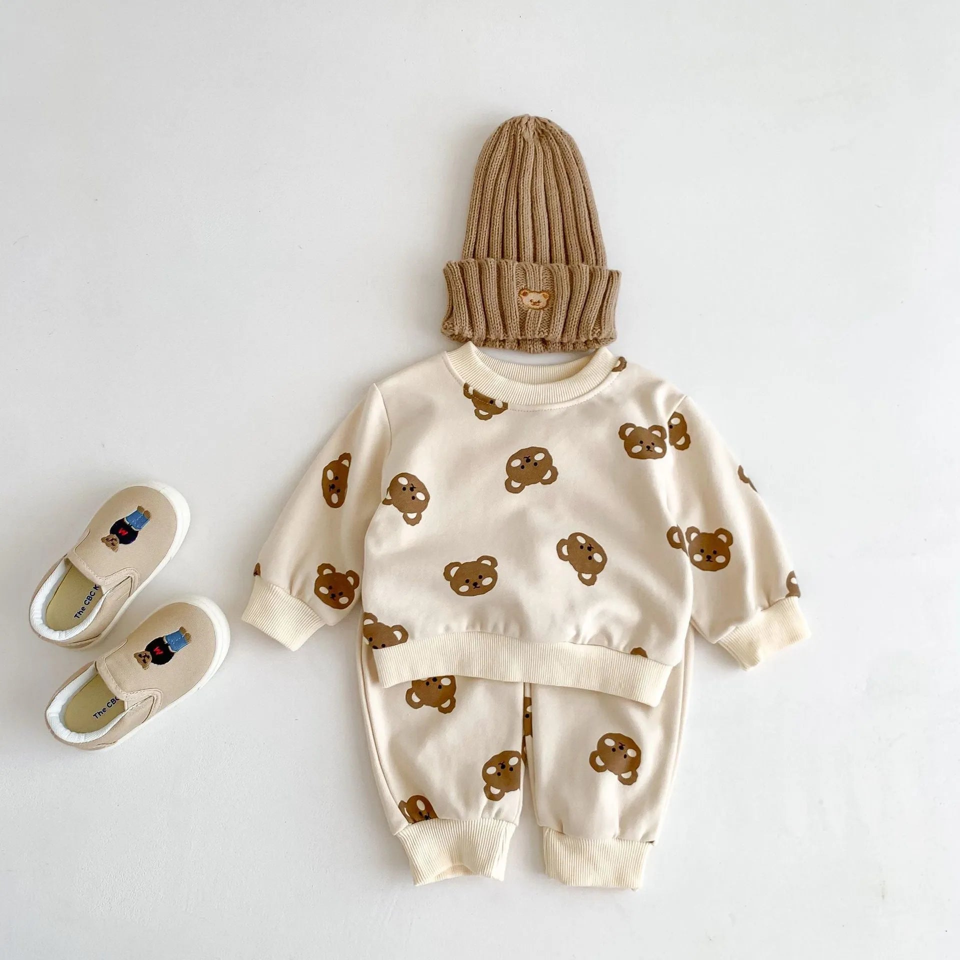 Baby cotton round neck bear cartoon sweater suit in rice apricot with matching trousers