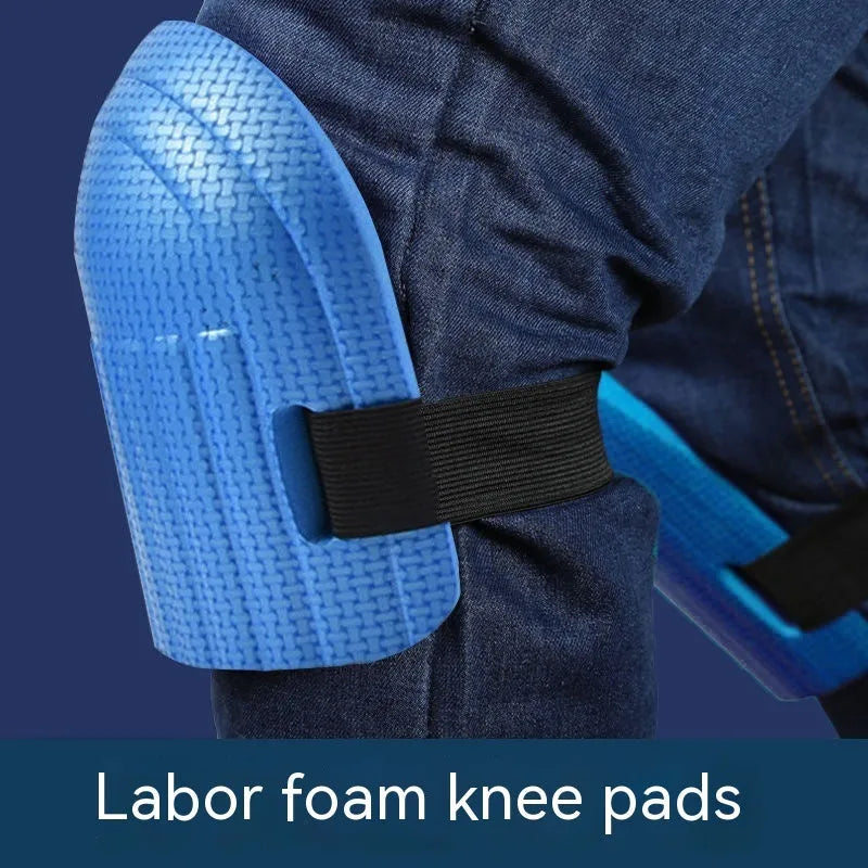 A pair of EVA foam kneepads in assorted colours, showing their thickness for knee protection.