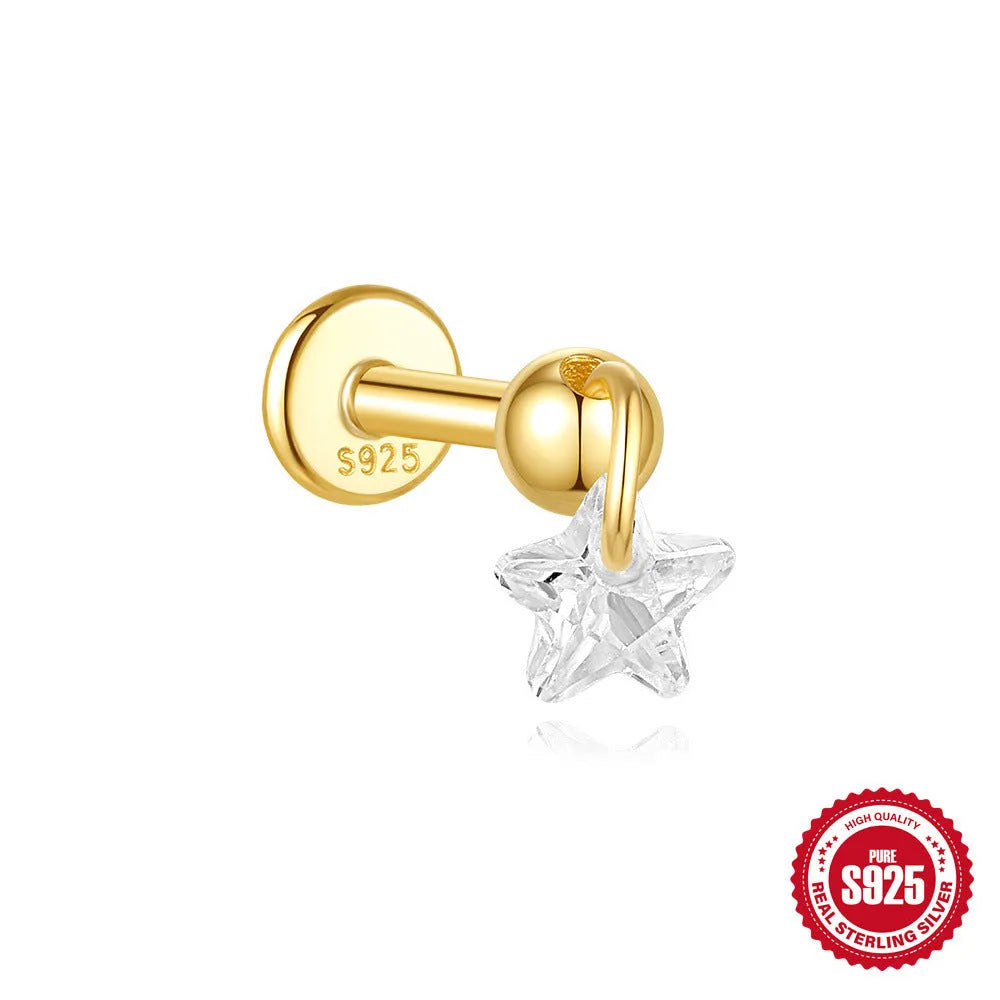 S925 sterling silver geometric moon and star earrings with embedded diamond detailing in gold tone finish