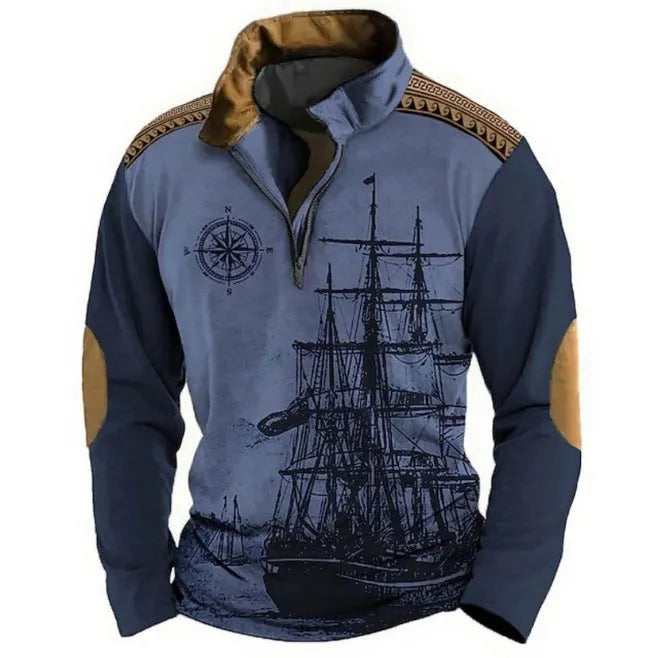 Men's loose fit long sleeve t-shirt with retro stripe prints and zip decorations