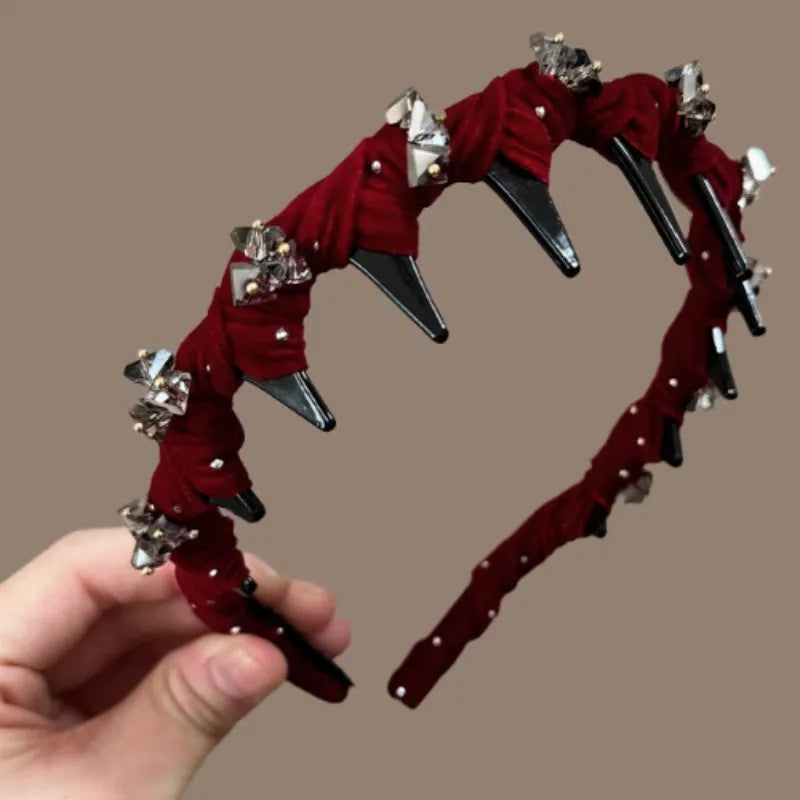 French velvet crystal wave hair pressing headband in wine red colour with hand-beaded detailing