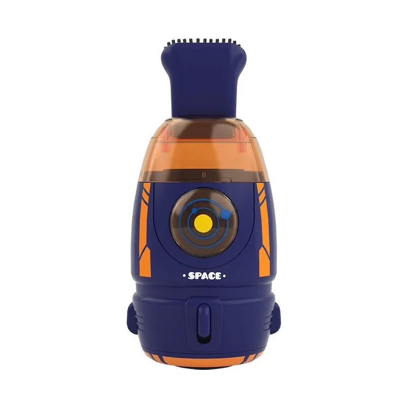 USB handheld desktop vacuum cleaner in blue rocket design on a wooden desk