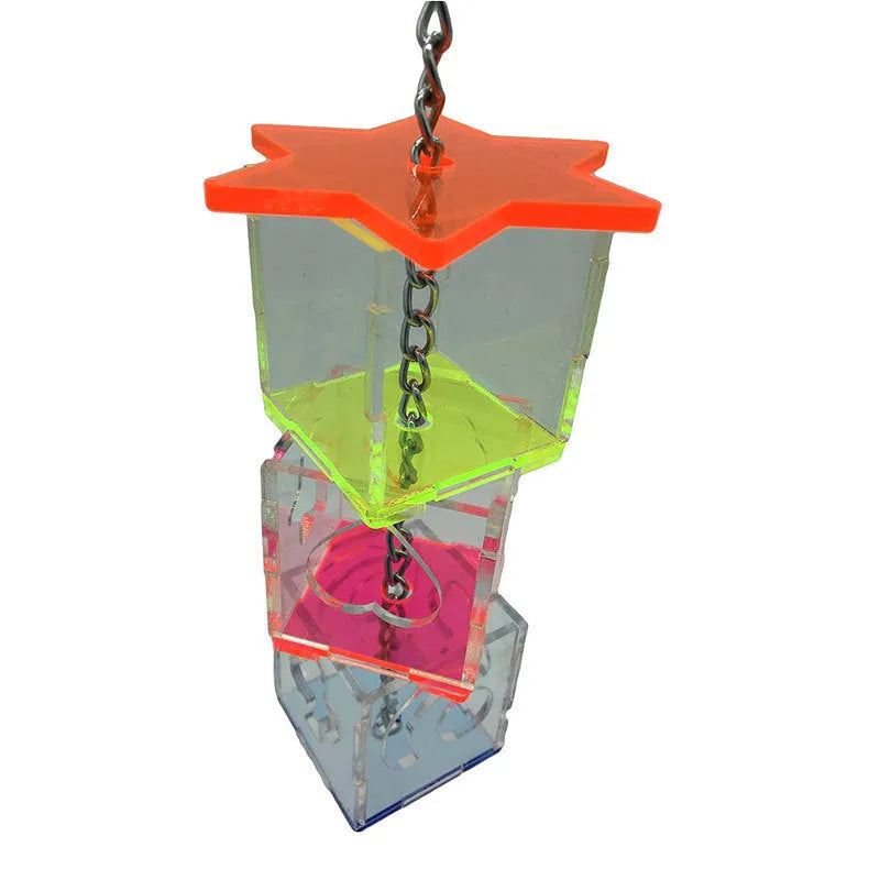 Clear acrylic bird foraging device educational toy for parrots measuring 5x5x32 cm