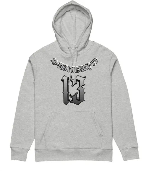 A loose-fit grey hooded pullover sweater with a fleece lining, shown flat