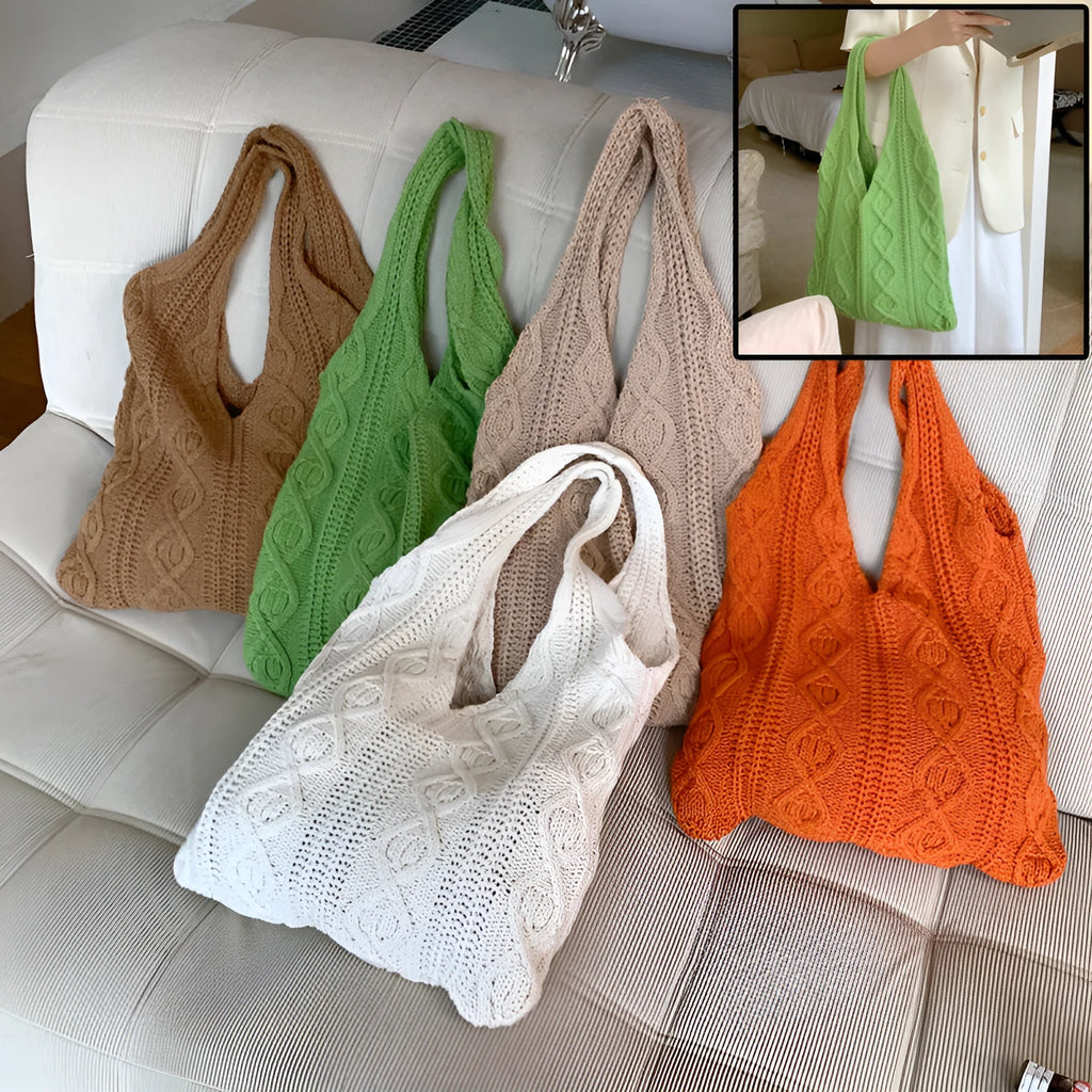 Knitted wool yarn shoulder tote bag with hollow crochet design in solid colour