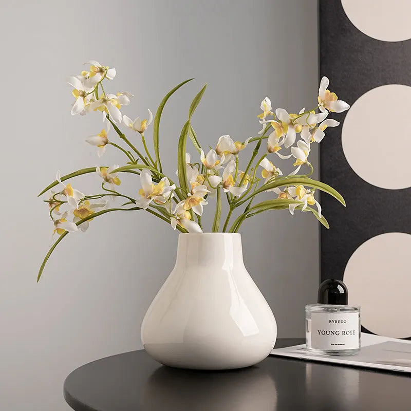 Black and white round belly ceramic decorative vase with optional artificial orchid flowers