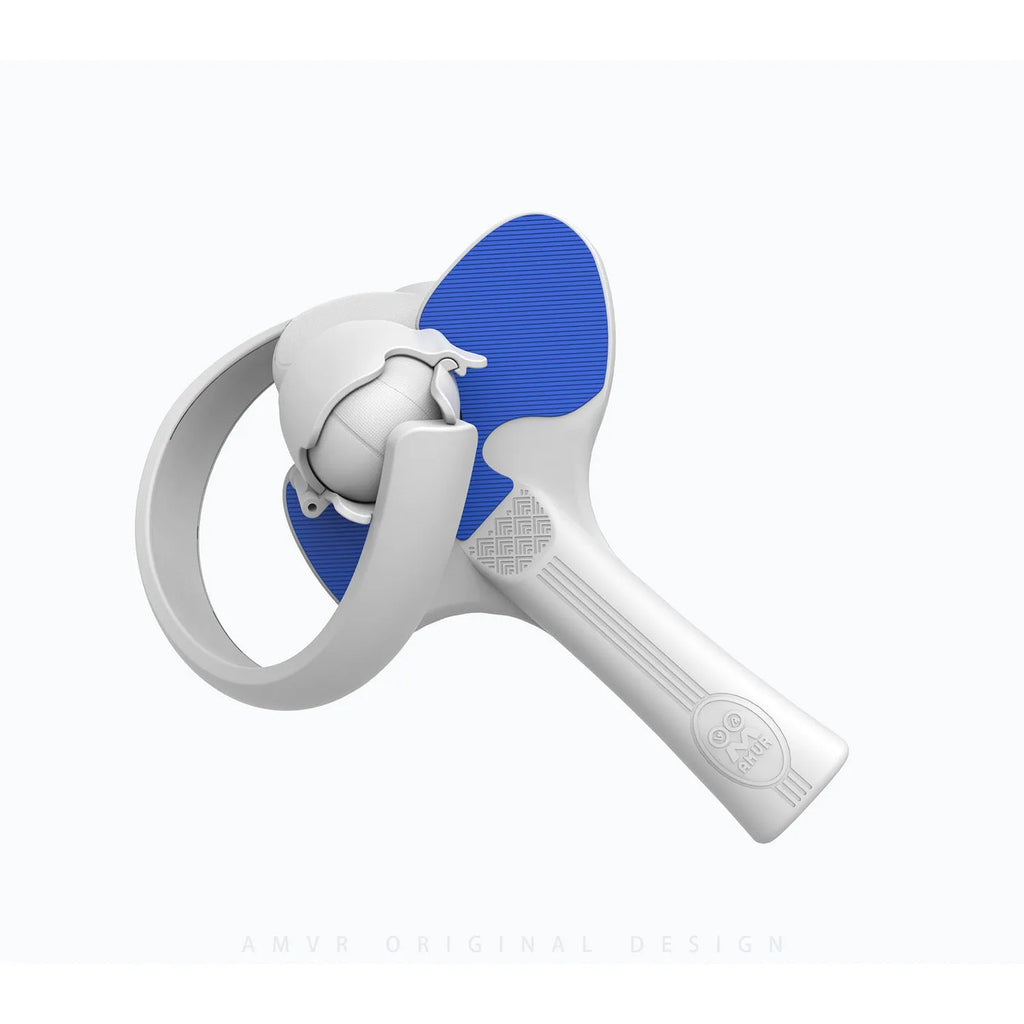 Red and blue silicone handle grips for Pico 4 VR controllers on grey background