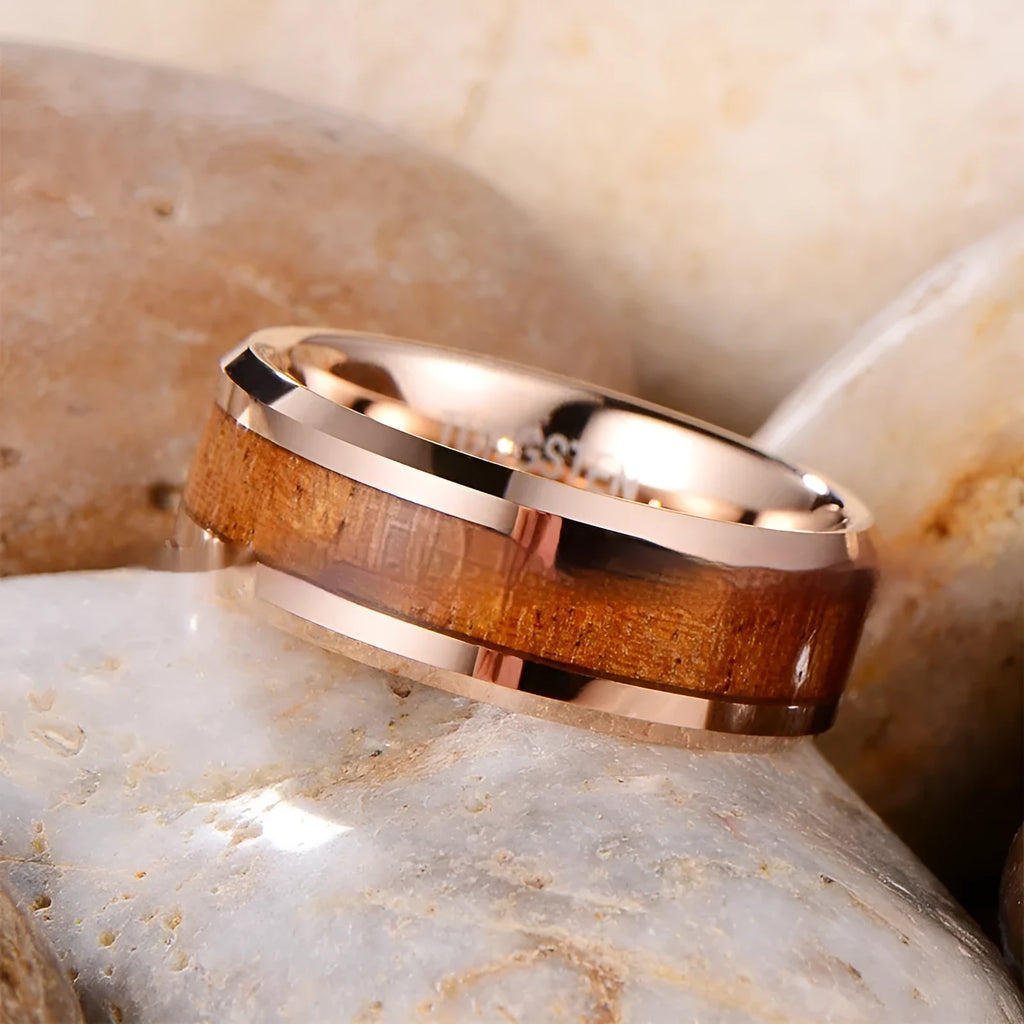 8mm wide tungsten ring with textured wood and leather finish in Ugyen design