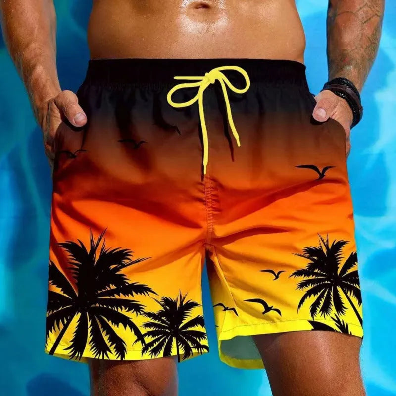 Men's loose board shorts in ethnic pattern with medium elastic waistband