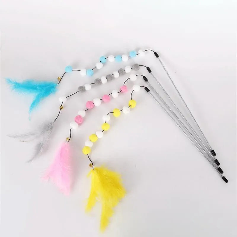 Grey, yellow and blue cat teaser rod with feathers, bell and acrylic pompons