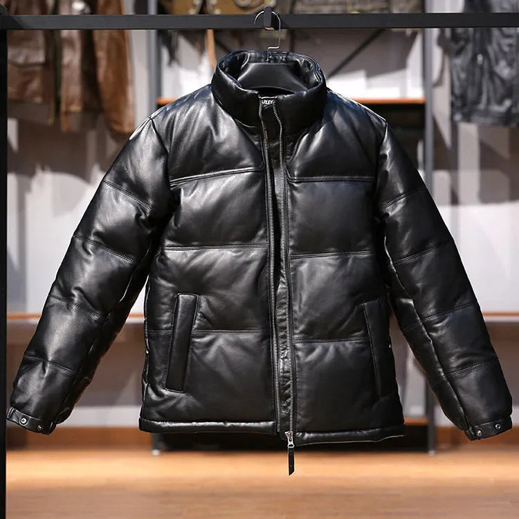 Men's black stand collar sheepskin down leather jacket with pocket decoration on a hanger