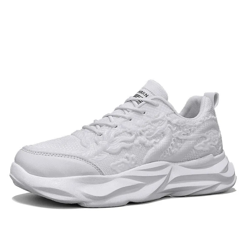 Chinese Loong casual sneakers with dragon print design on a breathable fly knit upper and rubber sole.