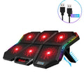 Black and red plastic notebook cooling pad with six fans, USB cable, for laptops and tablets.