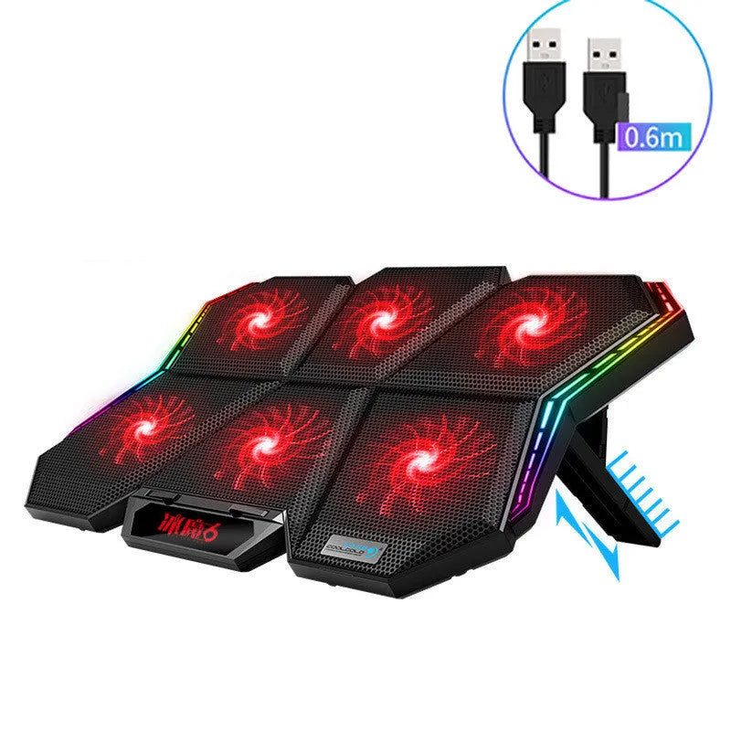 Black and red plastic notebook cooling pad with six fans, USB cable, for laptops and tablets.
