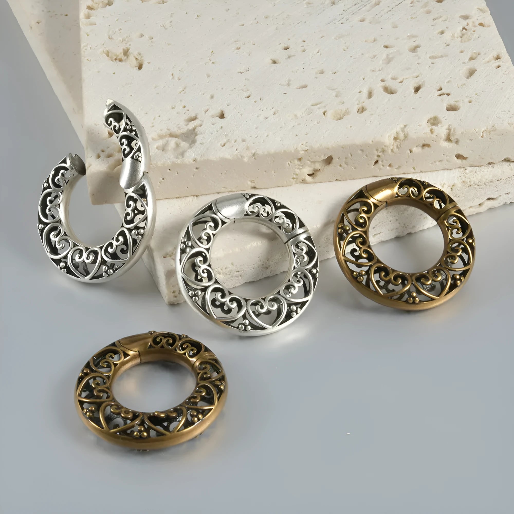 Retro magnetic earrings with hollow heart or lotus shapes in antique silver or ancient gold stainless steel