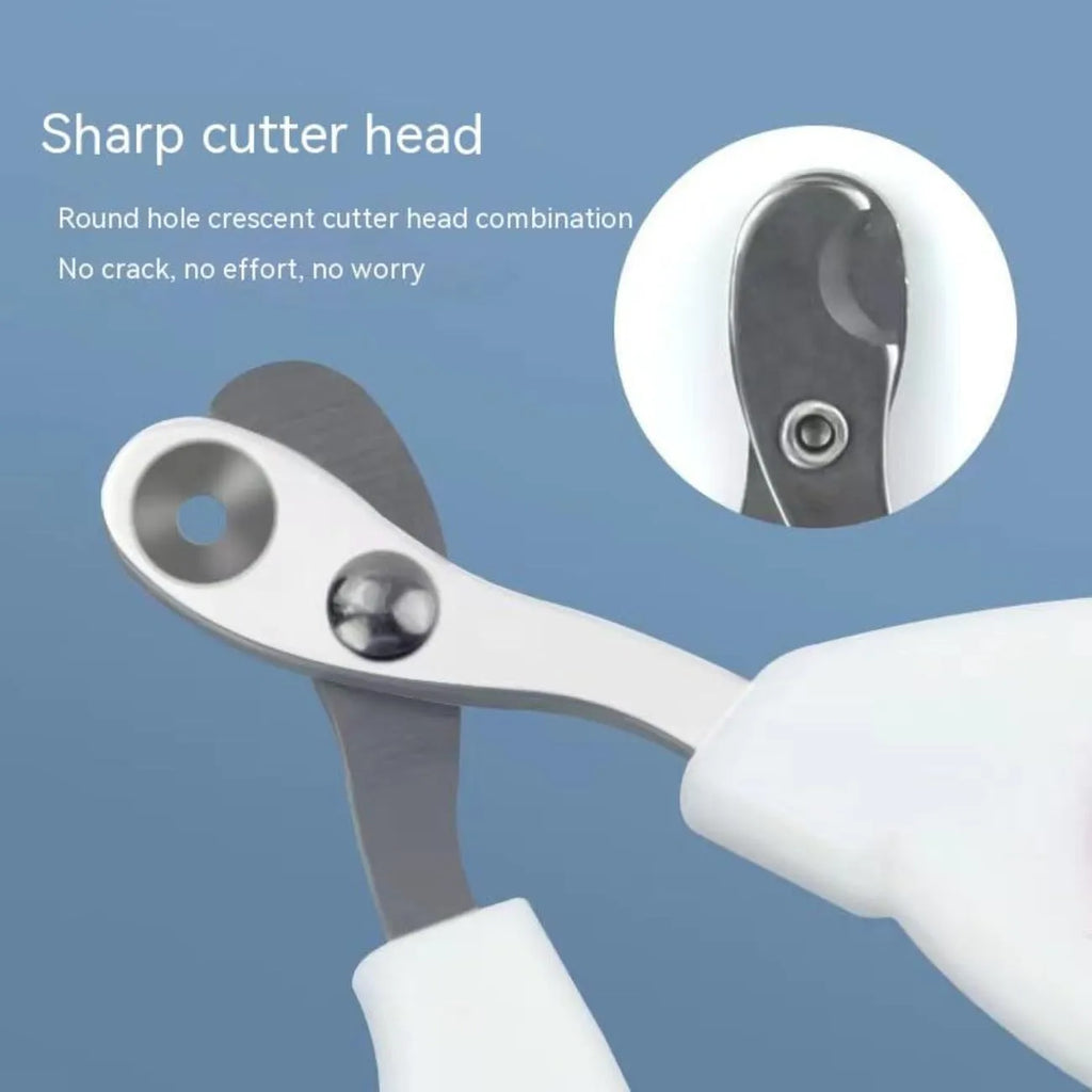 Blue cat nail clippers with circular hole and safety aperture for trimming pet nails