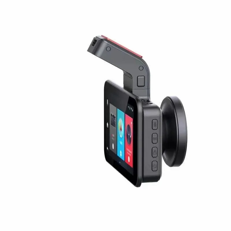 Black car DVR dash cam with a 3-inch screen and a separate camera module for dual lens recording.