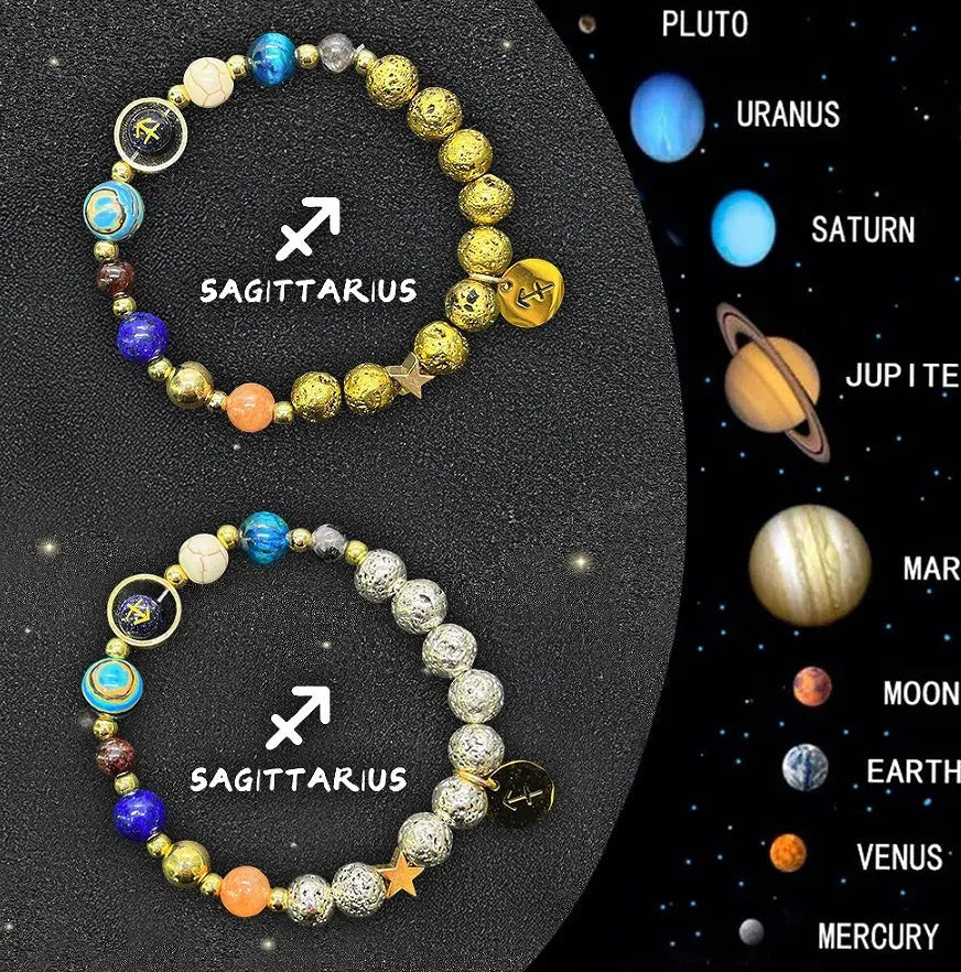 Set of two natural stone beaded bracelets with twelve different zodiac sign designs.