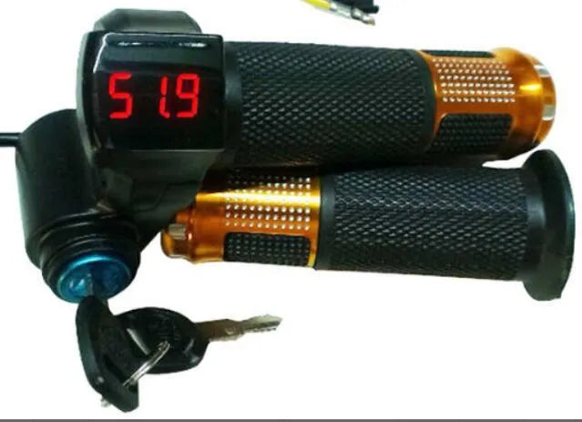 Electric vehicle handlebar replacement part in blue, red, silver, and yellow with 5-core cable.