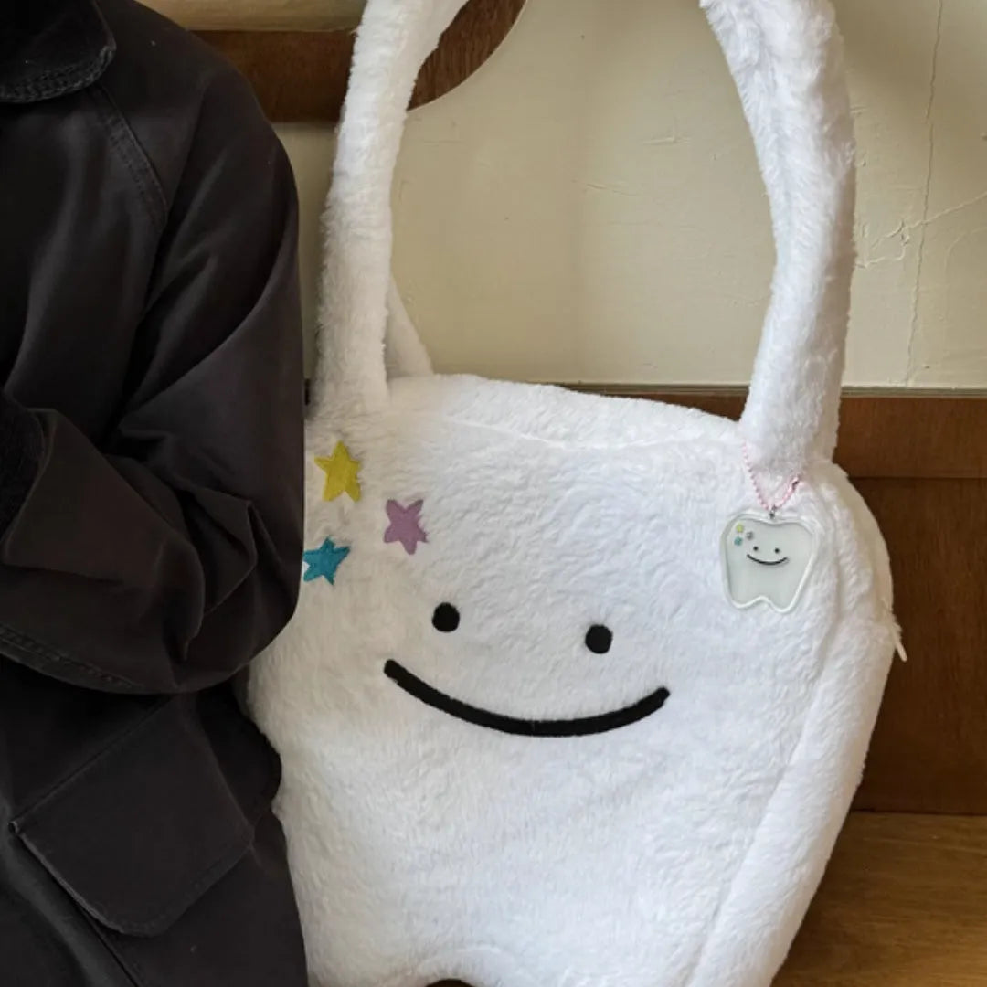 White plush shoulder tote bag with cute teeth pattern and zipper opening
