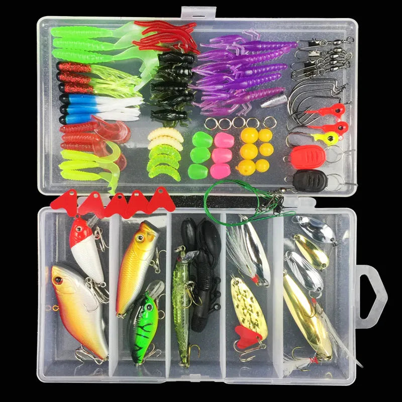 Junior fishing lure suit set with PP plastic storage box containing an assortment of artificial baits.