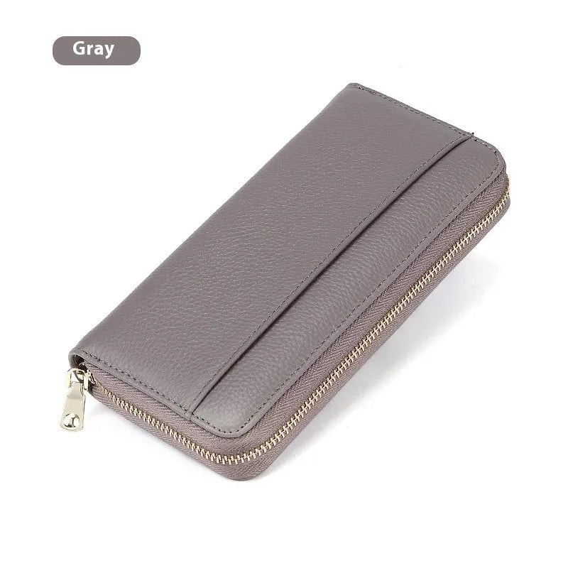 Genuine leather women's wallet showing interior organisation and anti-theft card protection features