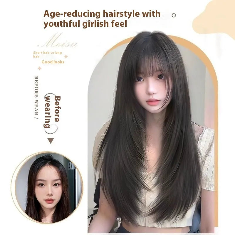 Black long straight full-head wig with high-layered cut and brown-black highlights in bangs and middle sections