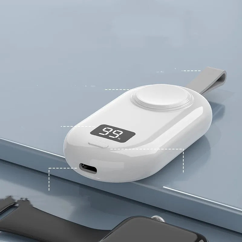 V5 smartwatch wireless power bank with black ABS plastic casing and Type-C port