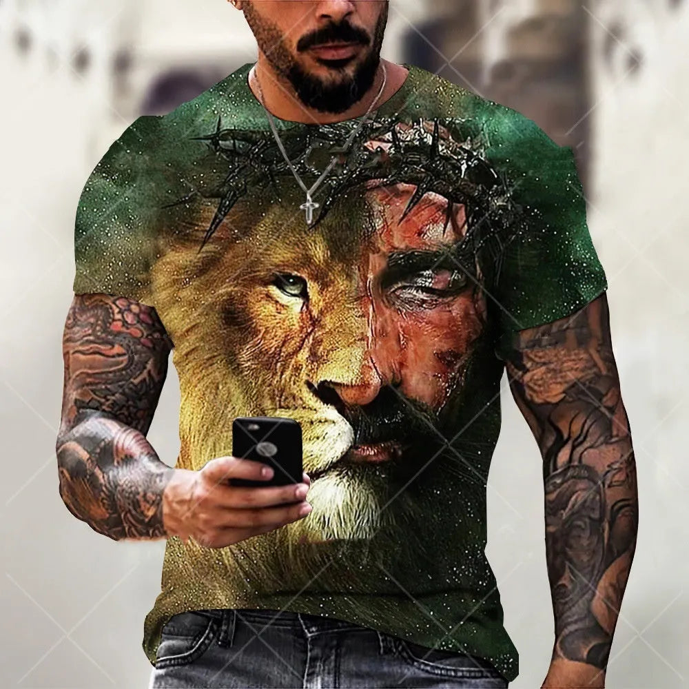Men's grey T-shirt with a detailed 3D printed Jesus pattern on the front, short sleeve design.