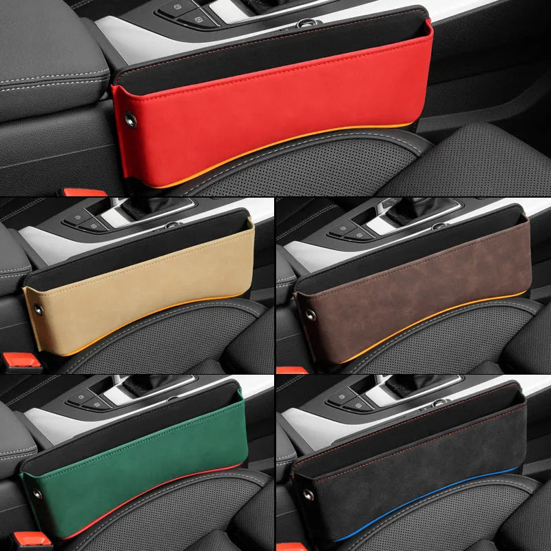 Leather car seat storage organiser box in a choice of five colours, shown on a vehicle seat.