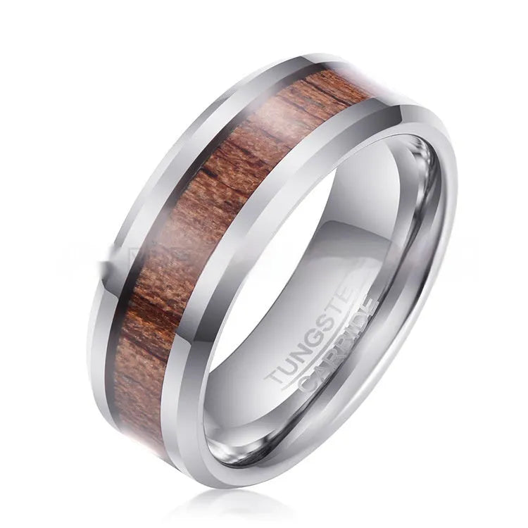 8mm wide tungsten ring with textured wood and leather finish in Ugyen design