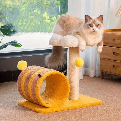 Yellow bee-themed cat climbing frame with sisal scratching board and integrated tunnel