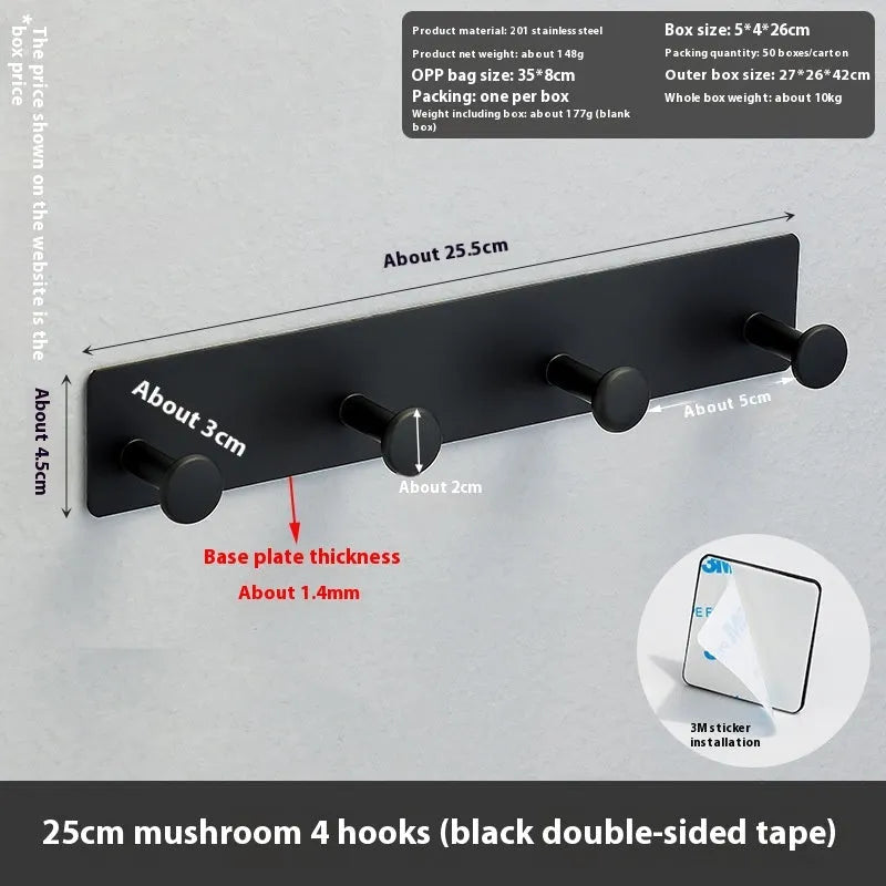 Mushroom-style adhesive wall hook with multiple hooks for screw-free hanging on shower doors