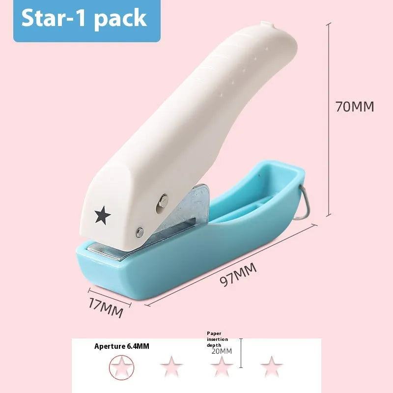 Manual decorative paper punching machine with love, star, and round hole attachments