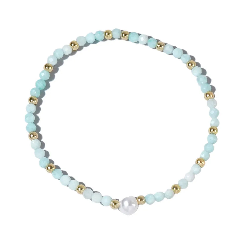 A geometric natural stone bracelet with an ellipse detail, shown in one of fifteen available colour options.
