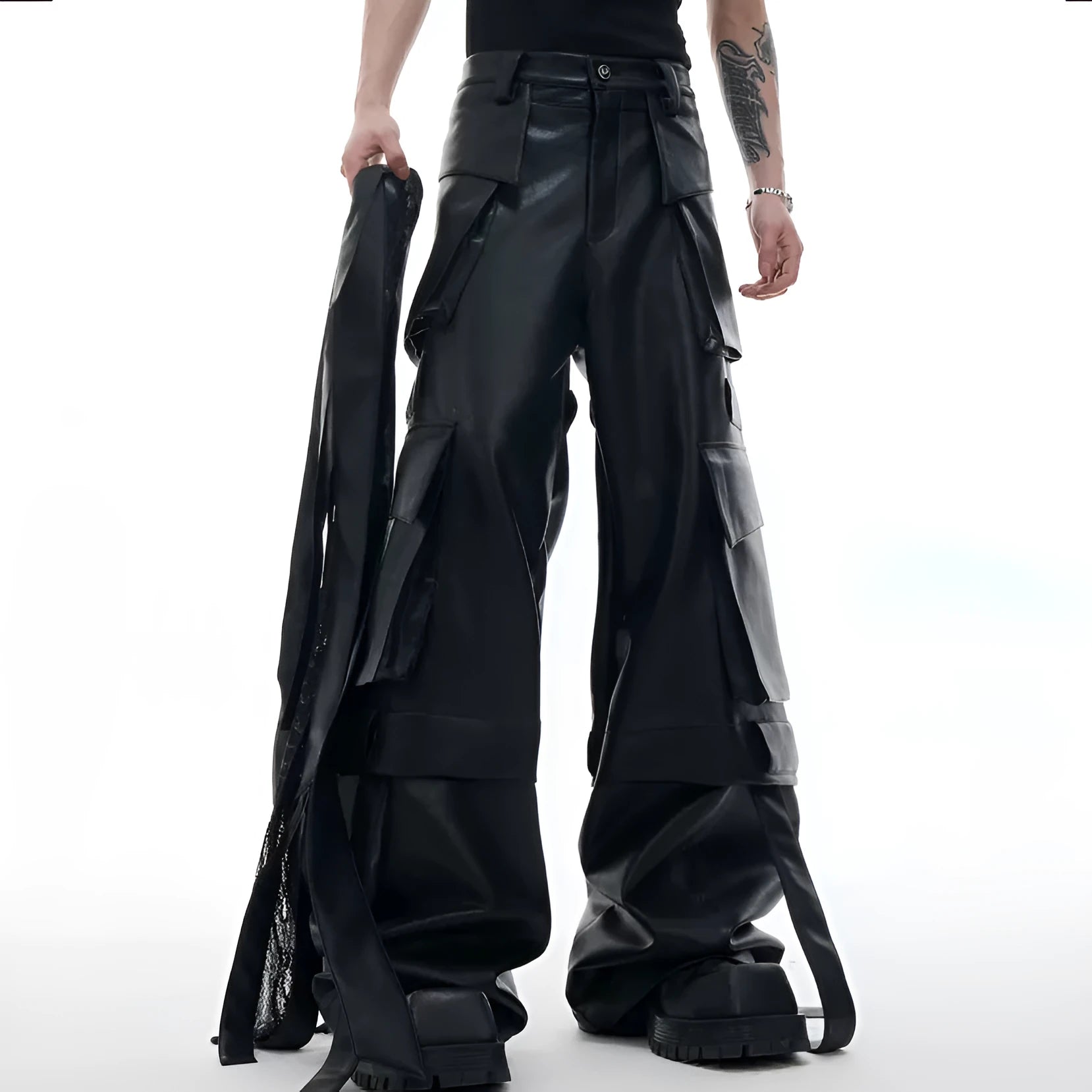 Black loose-fit retro trousers with quilted stitching and multiple pockets