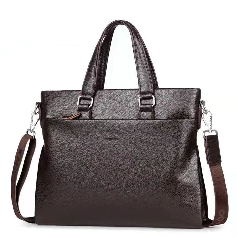 Black and brown men's PU leather messenger bag with splicing design on strap.