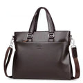 Black and brown men's PU leather messenger bag with splicing design on strap.