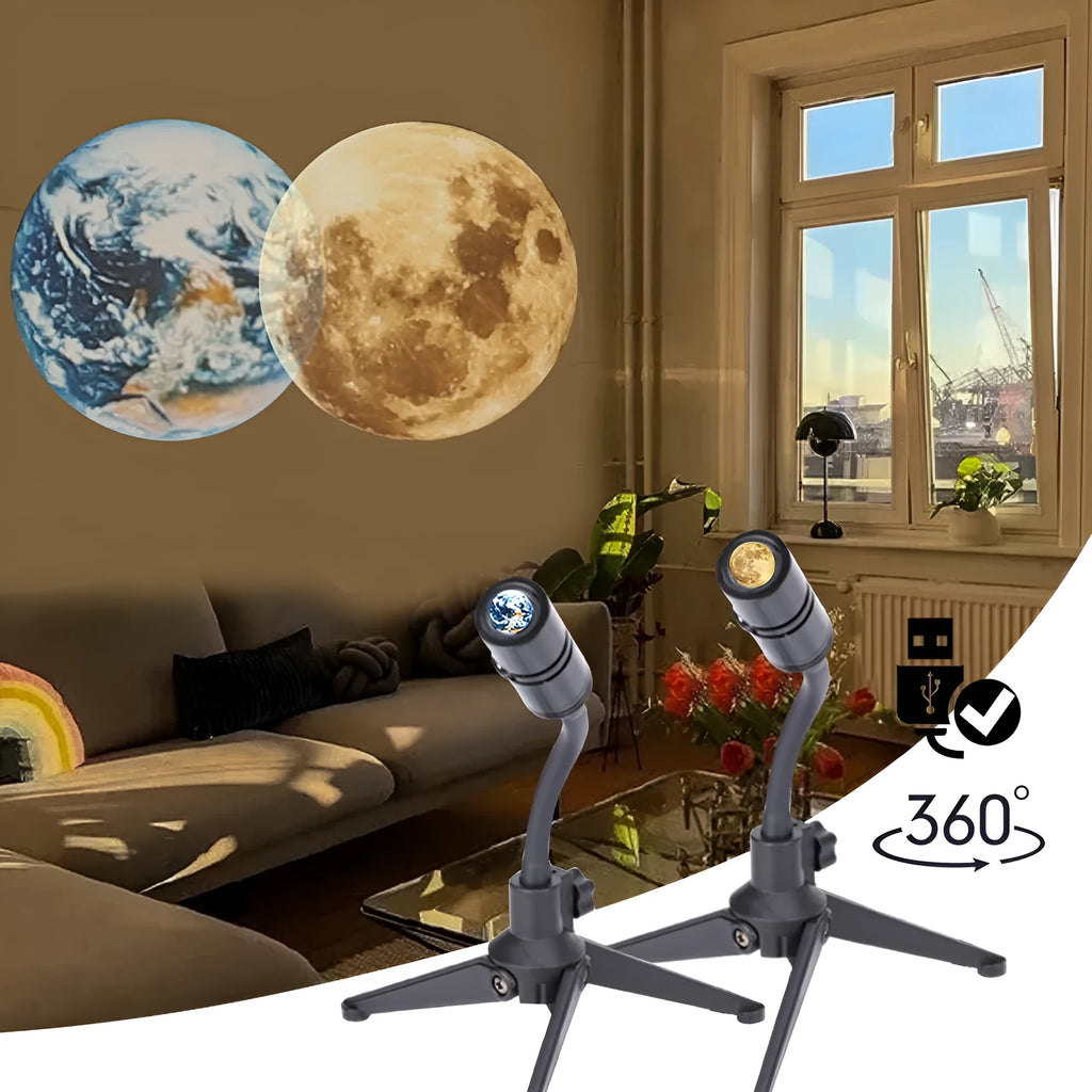 Earth and moon projection night light with flexible hose bracket on a bedside table.